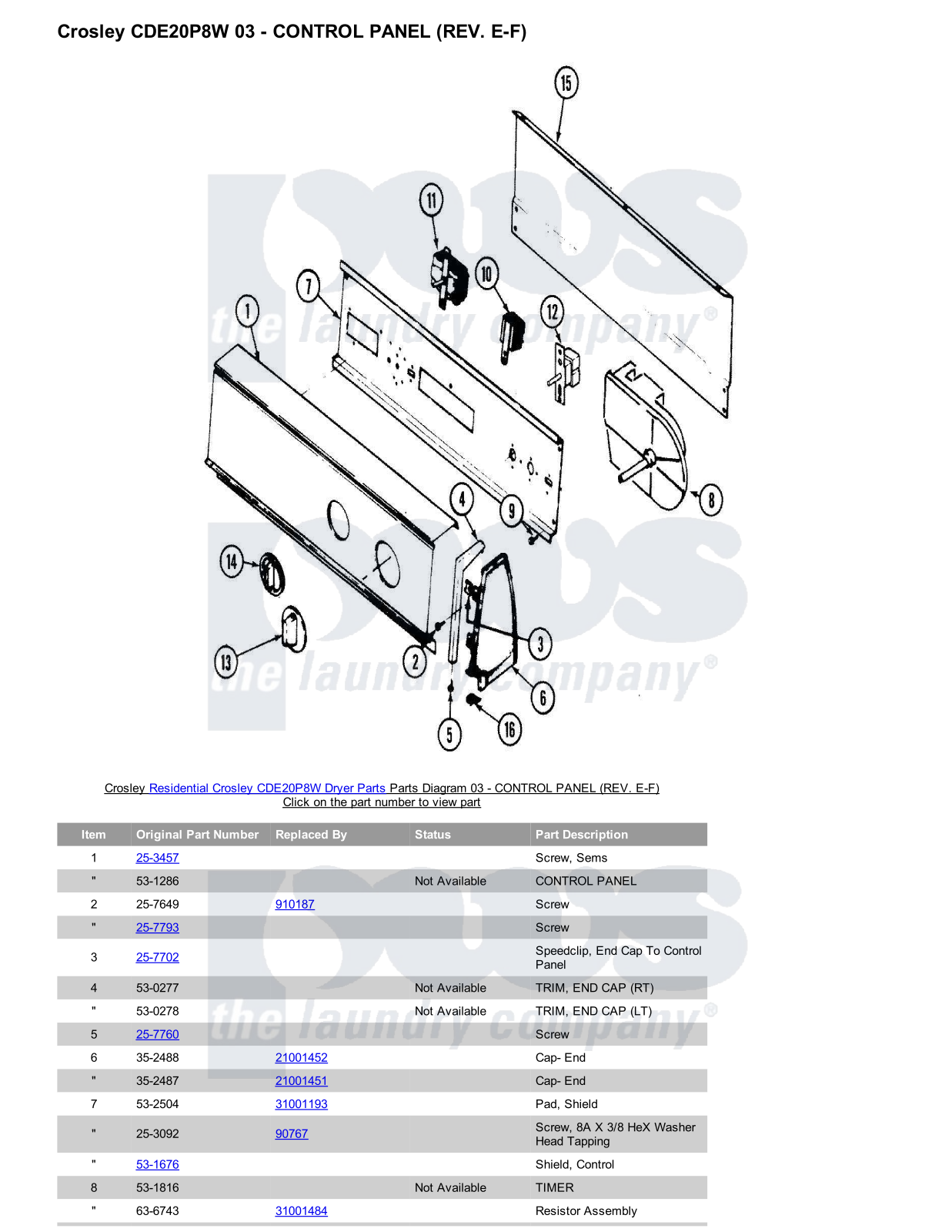 Crosley CDE20P8W Parts Diagram