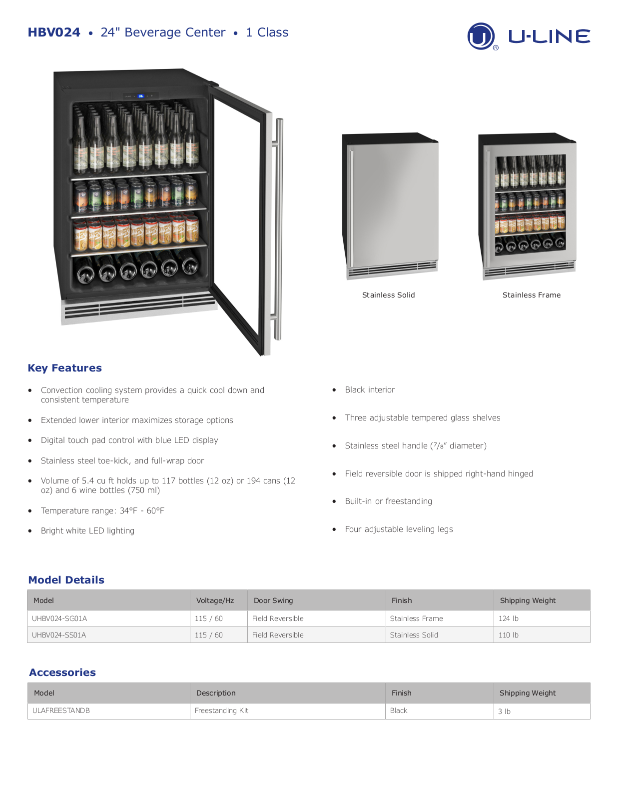 U-Line UHBV024SS01A Specs