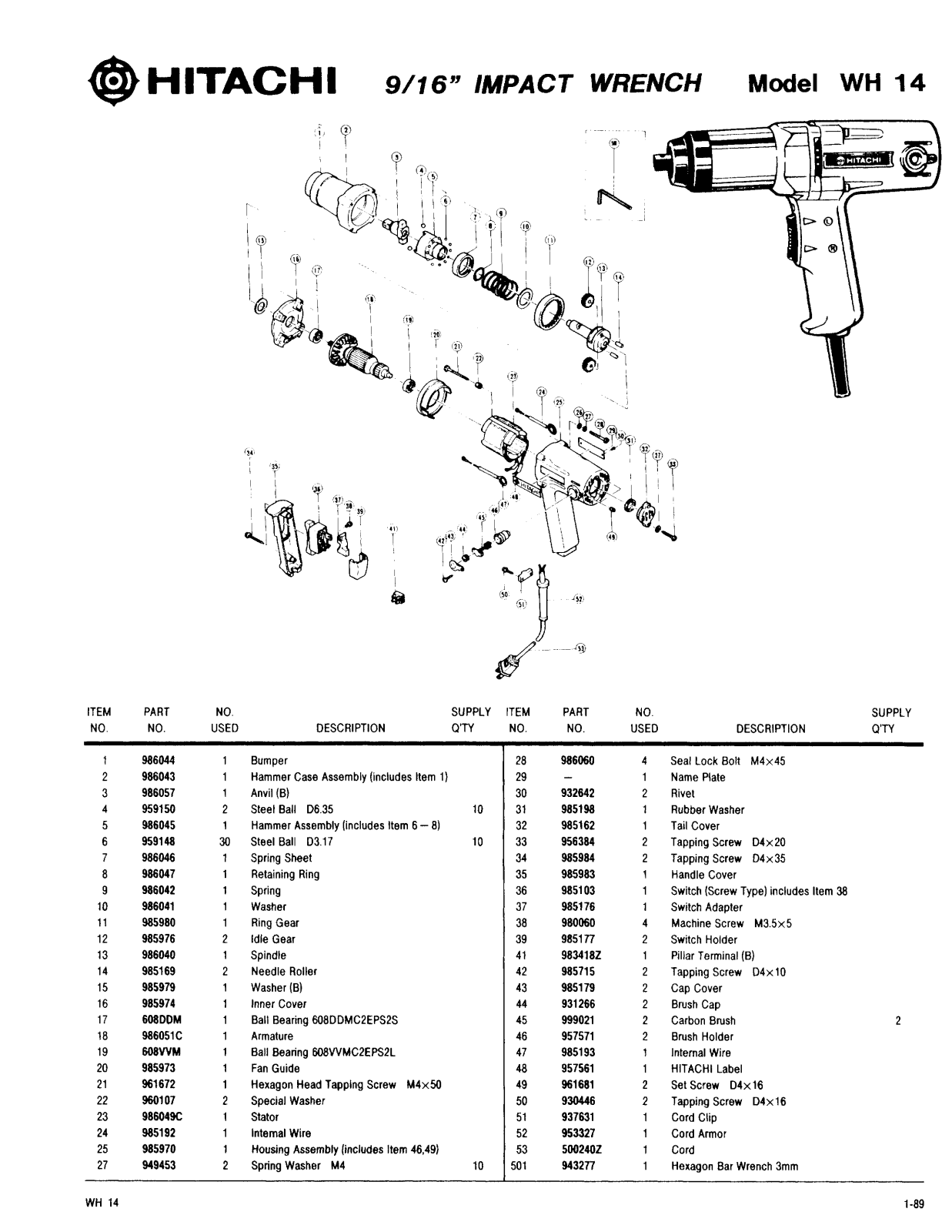 Hitachi WH14 PARTS LIST