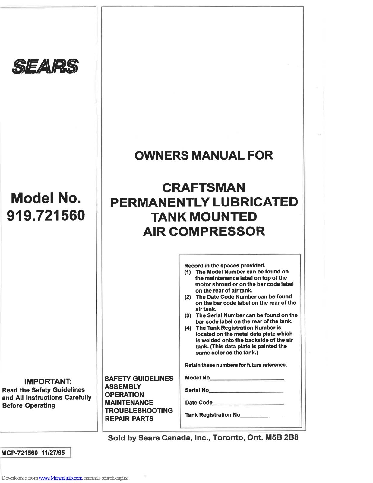 Sears Craftsman 919.721560 Owner's Manual