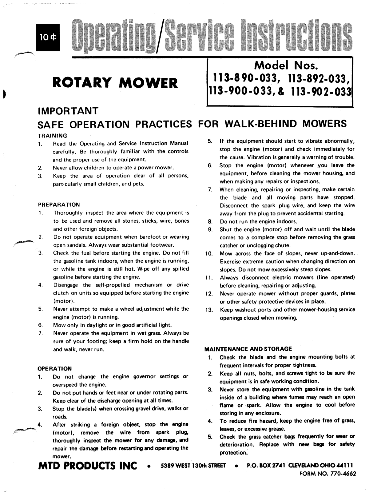 MTD 113-900-033, 113-890-033, 113-902-033 User Manual