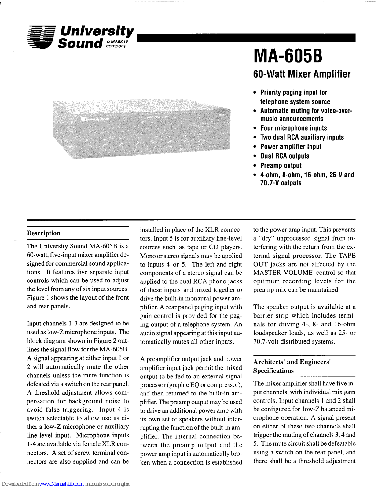 University Sound MA-605B Specifications