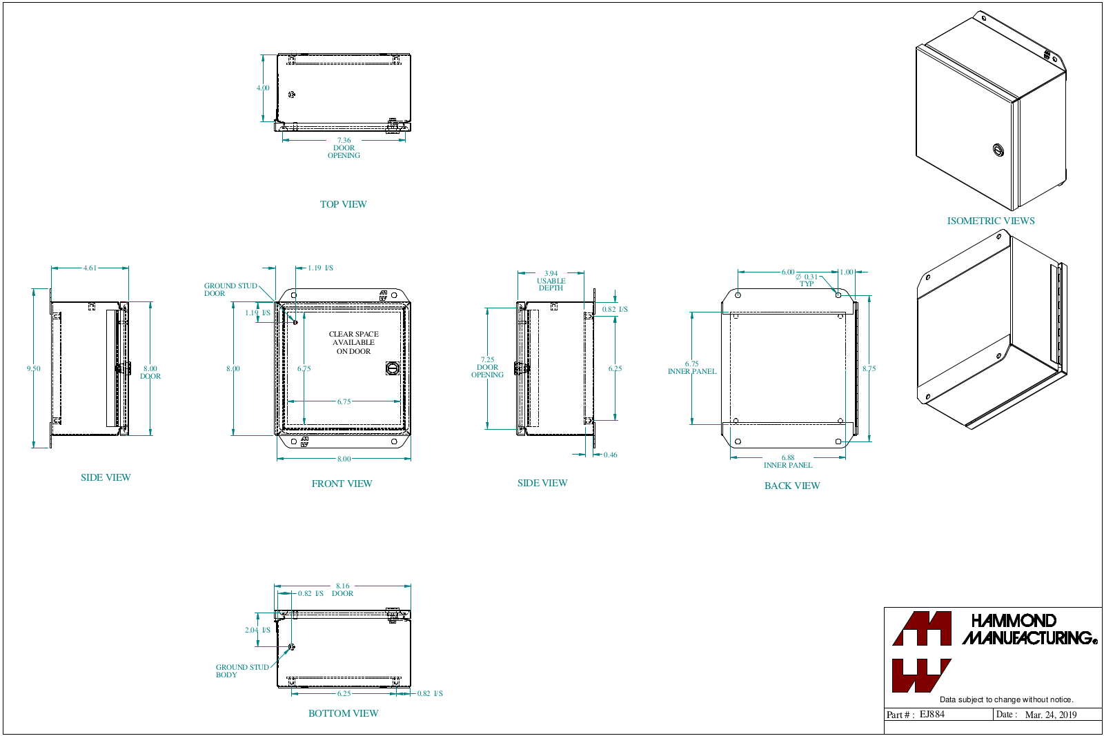 Hammond Manufacturing EJ884 technical drawings