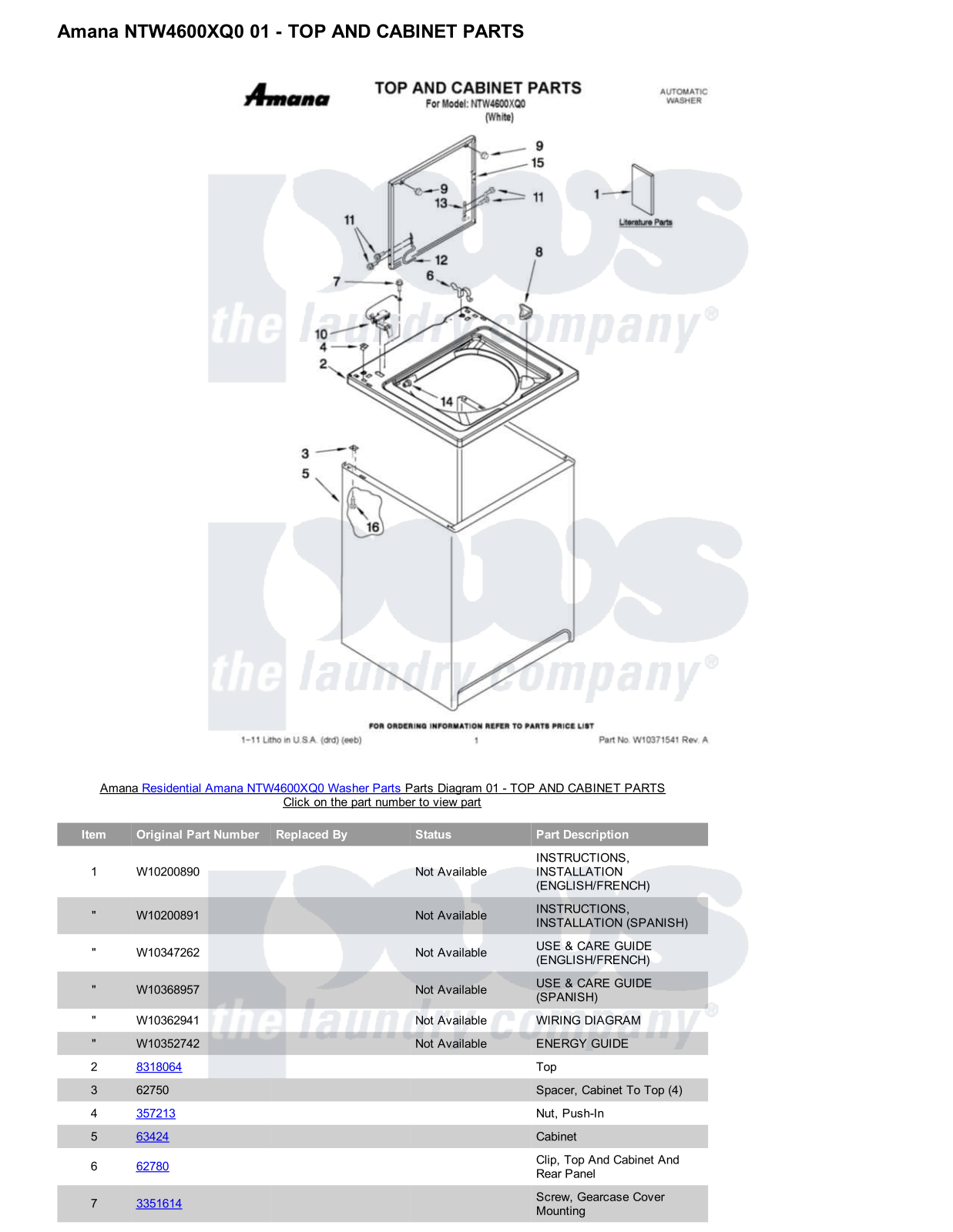 Amana NTW4600XQ0 Parts Diagram