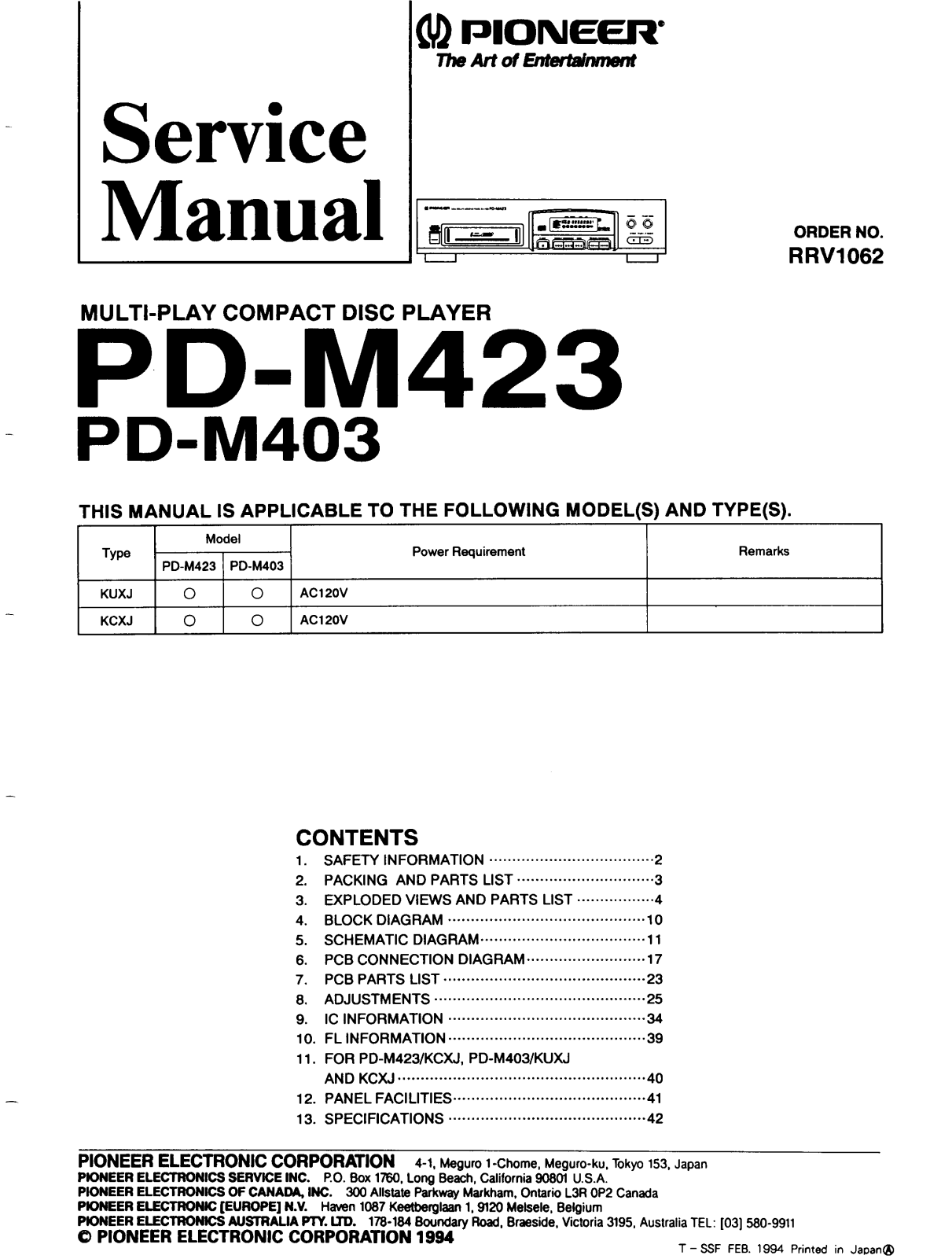 Pioneer PDM-403, PDM-423 Service manual