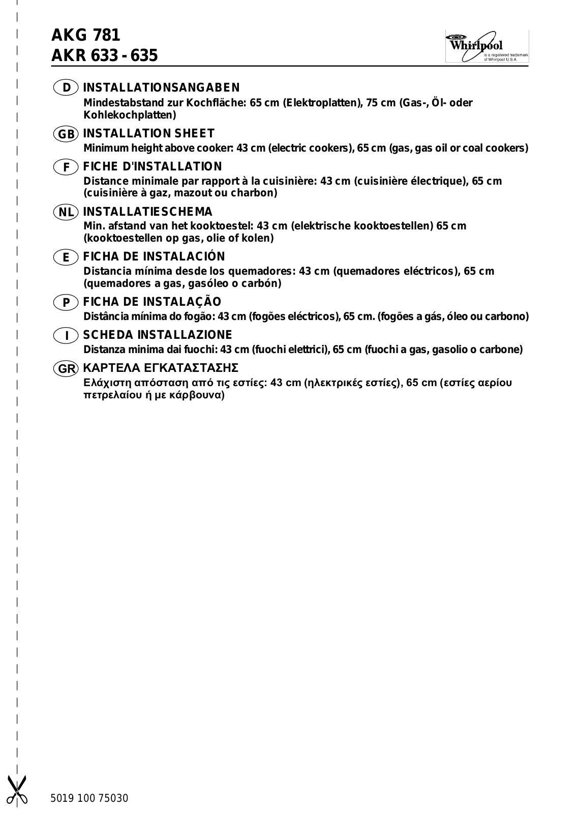 Whirlpool AKG 781, AKR 633, AKR 635 INSTALLATION SHEET