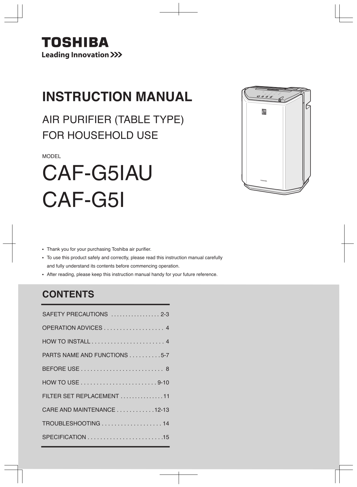 Toshiba CAF-G5IAU, CAF-G5I User Manual