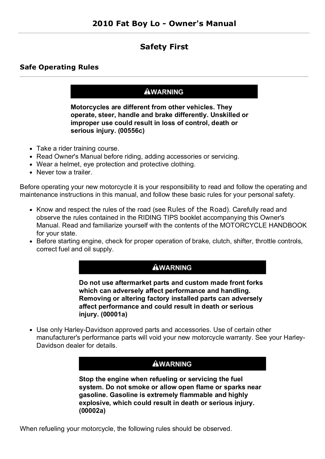Harley Davidson Fat Boy Lo 2010 Owner's manual