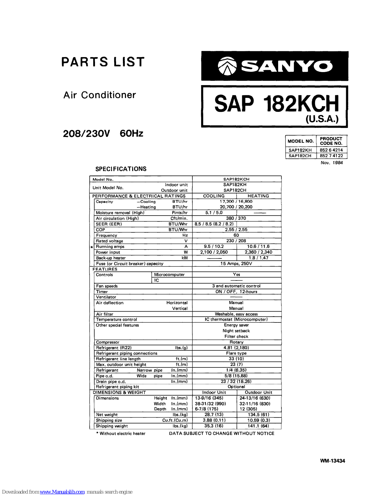 Sanyo SAP182KCH Specification - ManualMachine.com