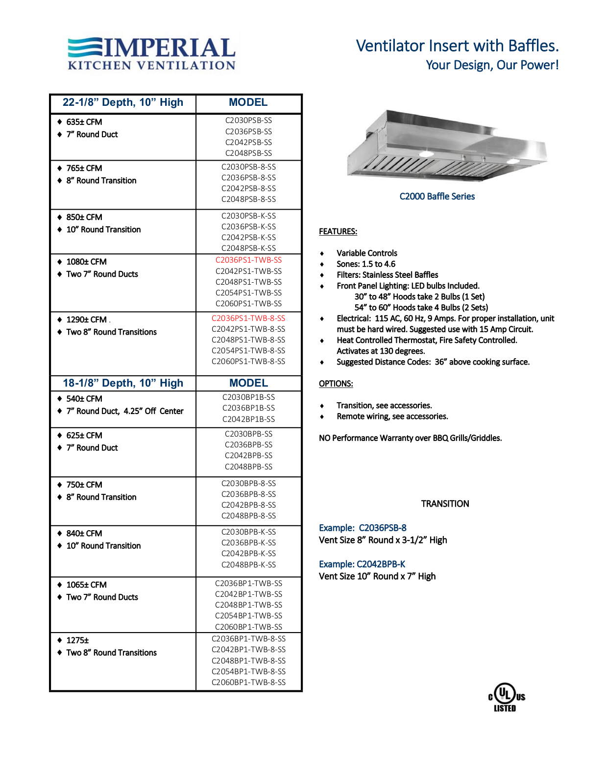 Imperial C2036PS1TWB8SS, C2036PS1TWBSS Specifications