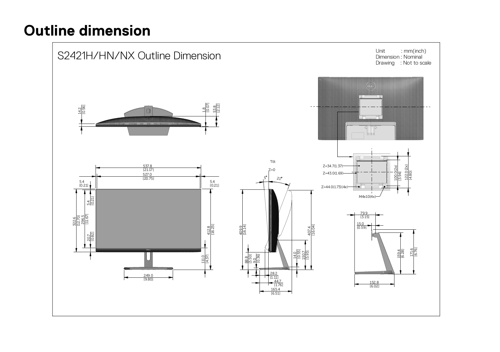 Dell S2421NX Dimensional drawing