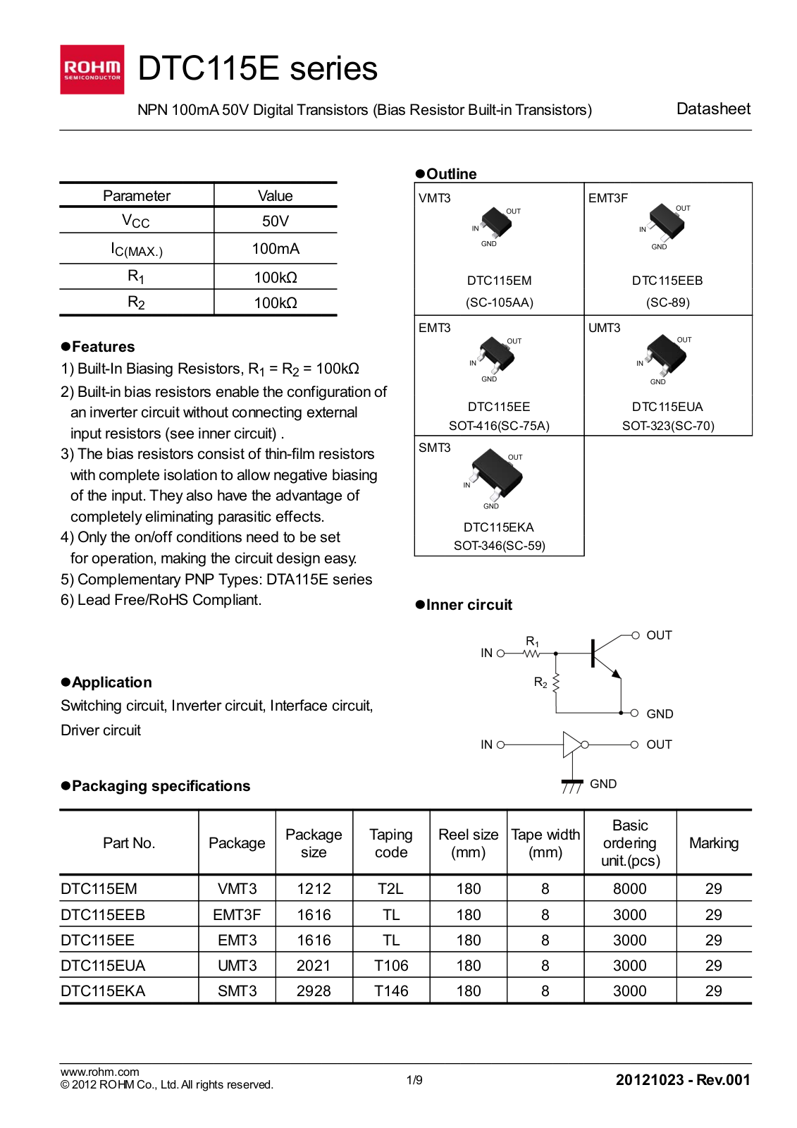 Datasheet DTC115EE, DTC115EEB, DTC115EKA, DTC115EM, DTC115EUA Datasheet (ROHM) - ManualMachine.com