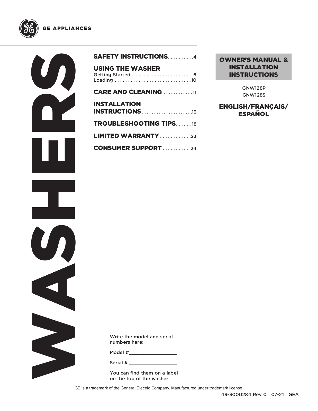 GE GNW128P, GNW128S Owner’s Manual & Installation Instructions