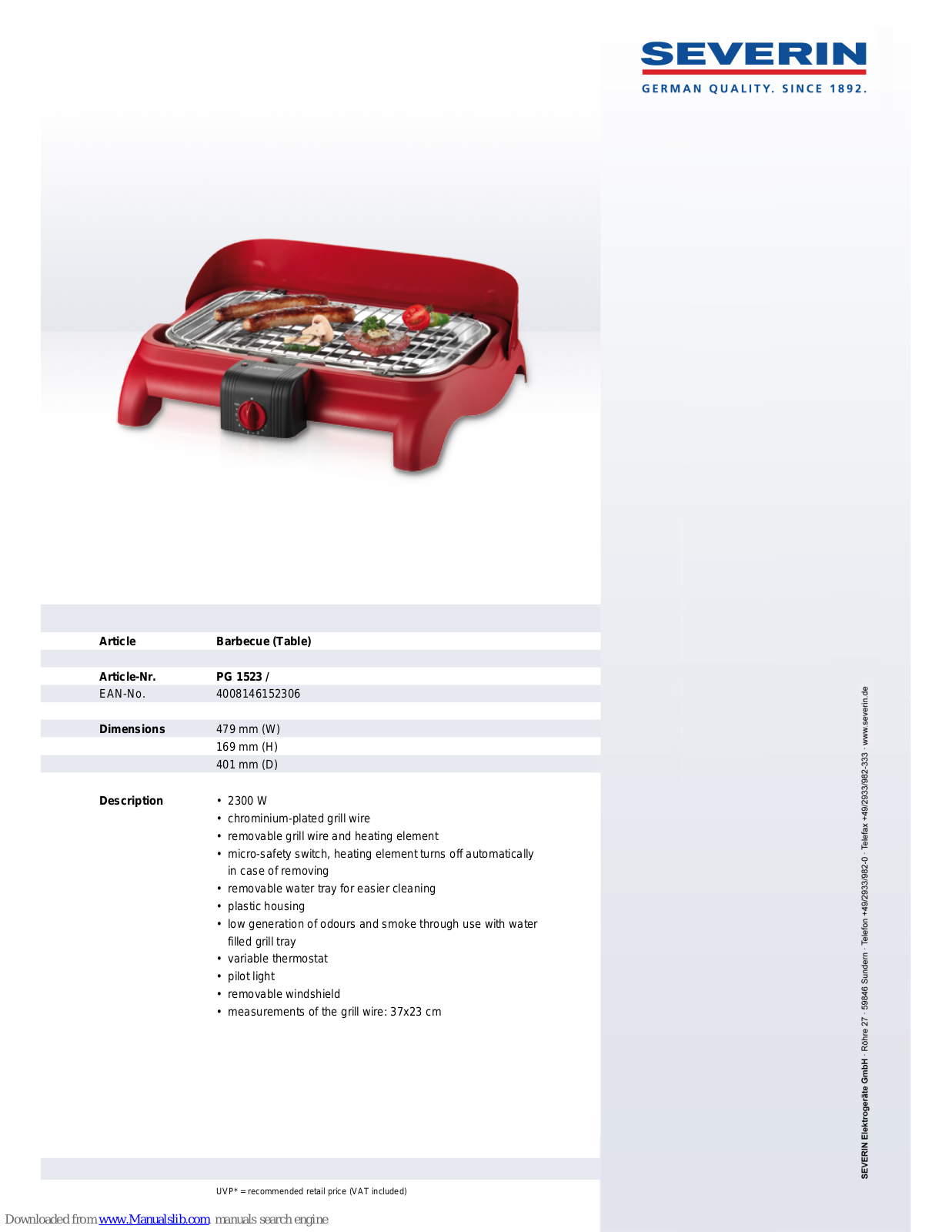SEVERIN BARBECUE - DATASHEET 4, PG 1523 Dimensions - ManualMachine.com