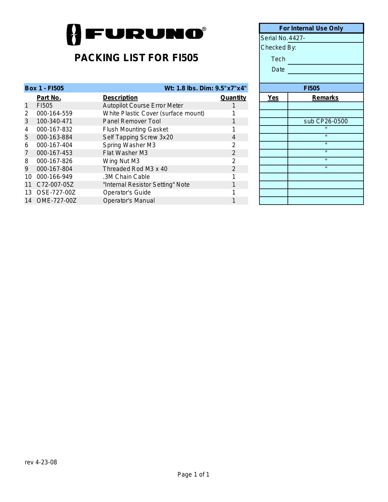 Furuno FI505 packing list