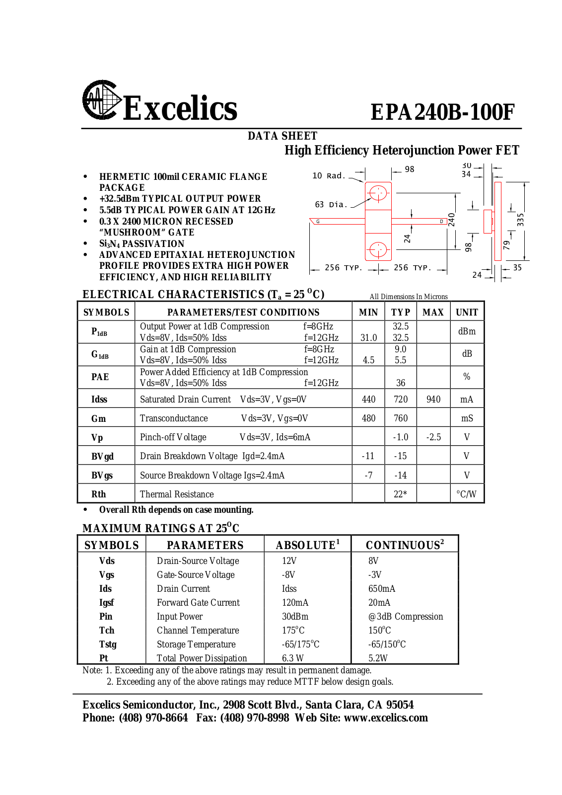 Excelics EPA240B-100F Datasheet