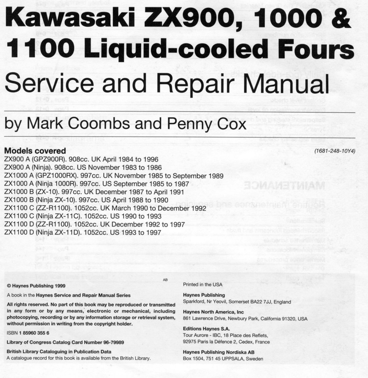 Kawasaki ZX900 1983-1997, Zx 1000 1983-1997, Zx 1100 1983-1997 Service Manual