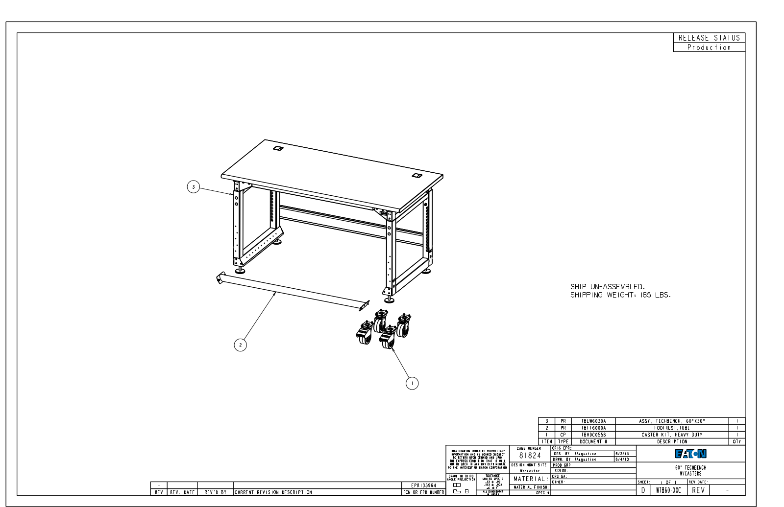 Eaton Benches By Wright Line WTB60-XXC Dimensional Sheet