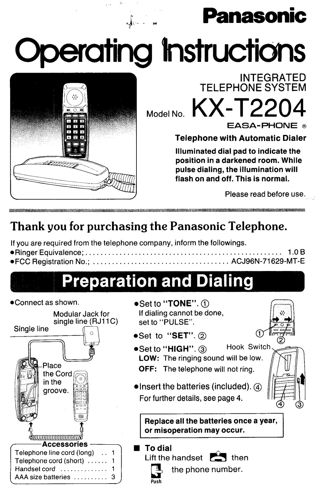 Panasonic kx-t2204 Operation Manual