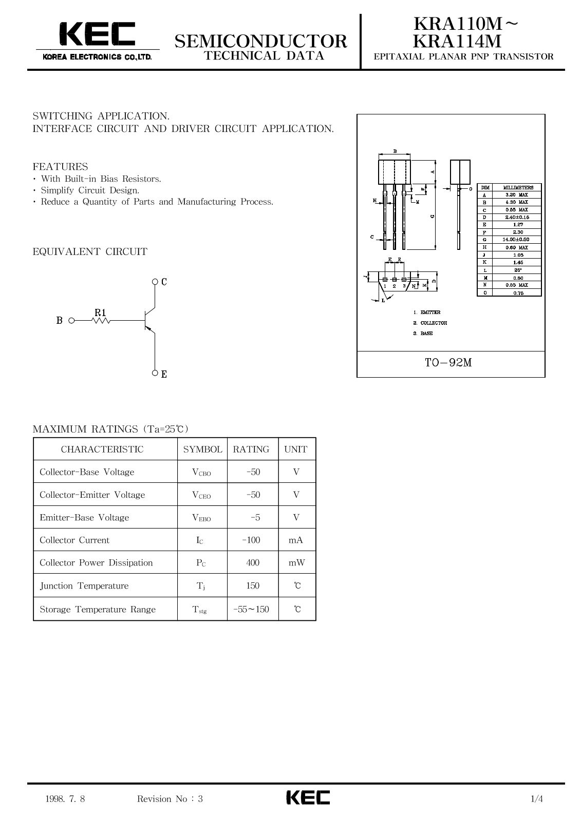 KEC KRA114M, KRA112M, KRA111M, KRA110M, KRA113M Datasheet