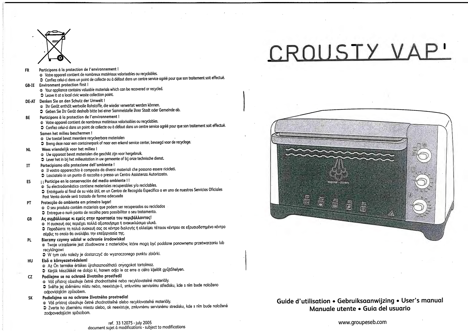 SEB Crousty Vap User Manual