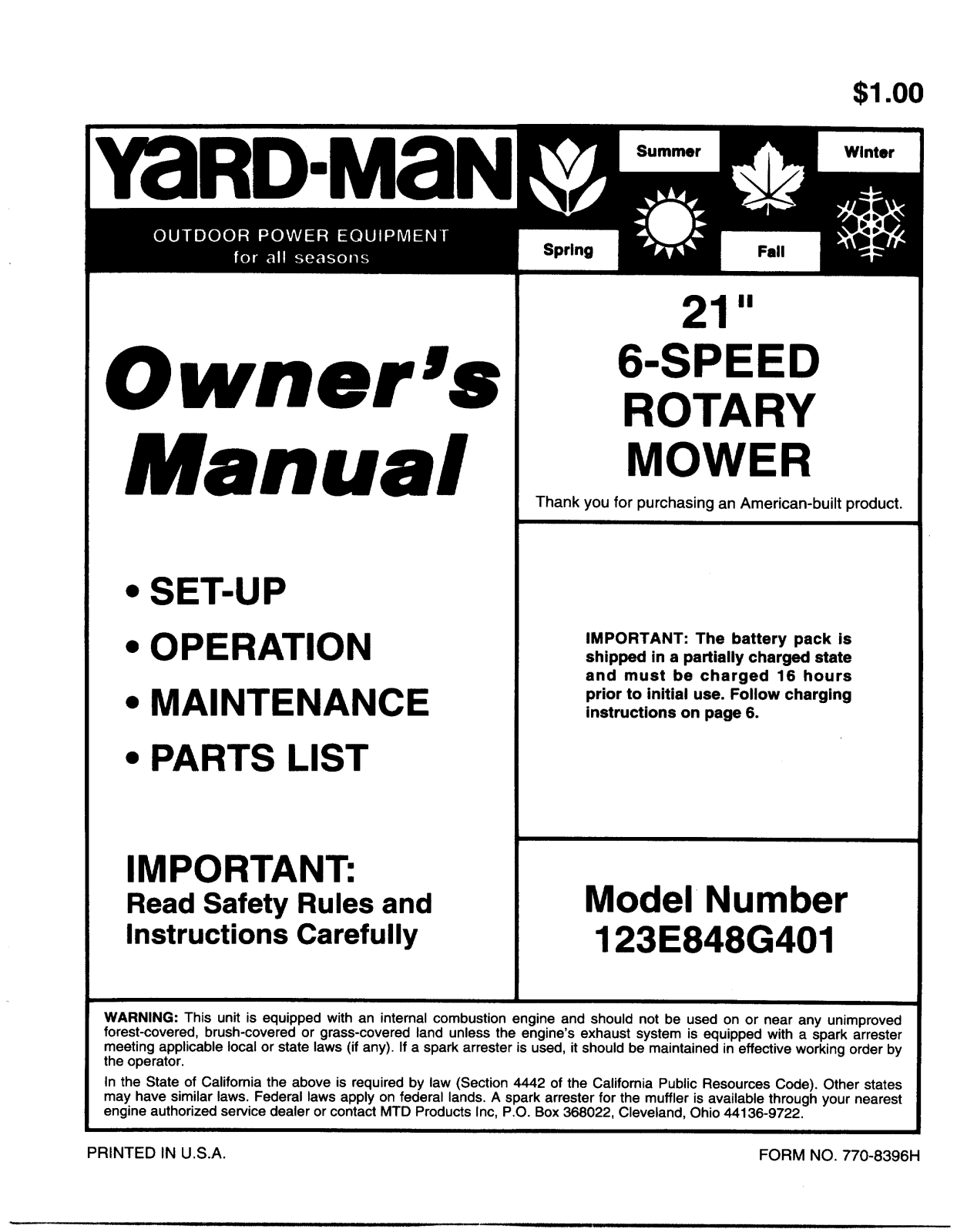 Yard-Man 123E848G401 User Manual