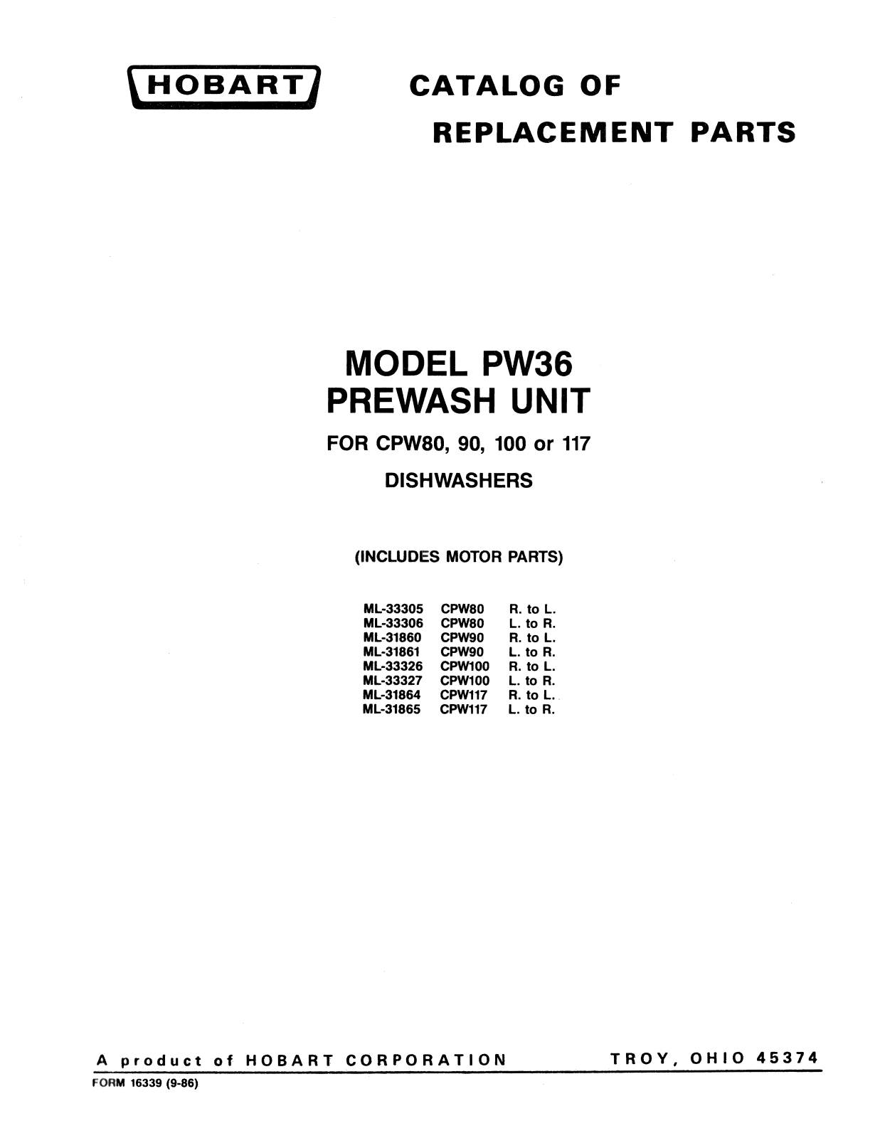 Hobart CPW100 Parts List