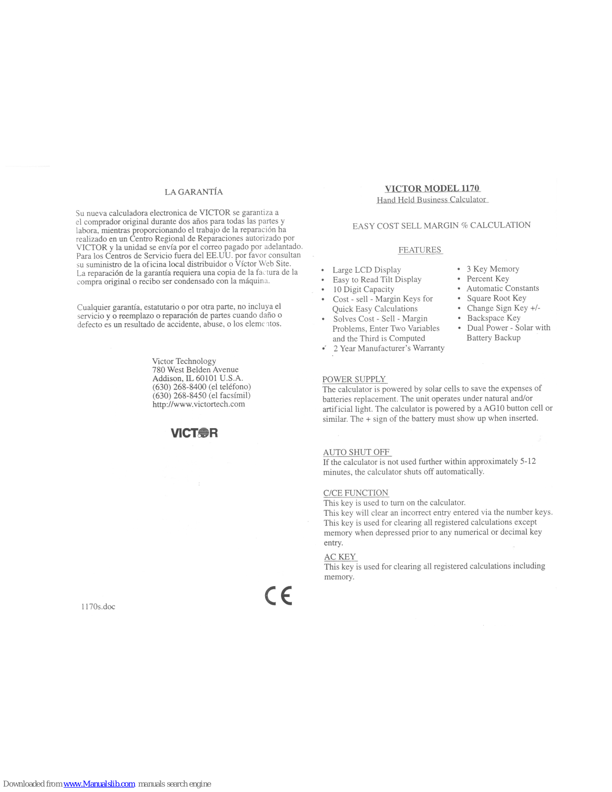 Victor 1170, VCT1170 User Manual