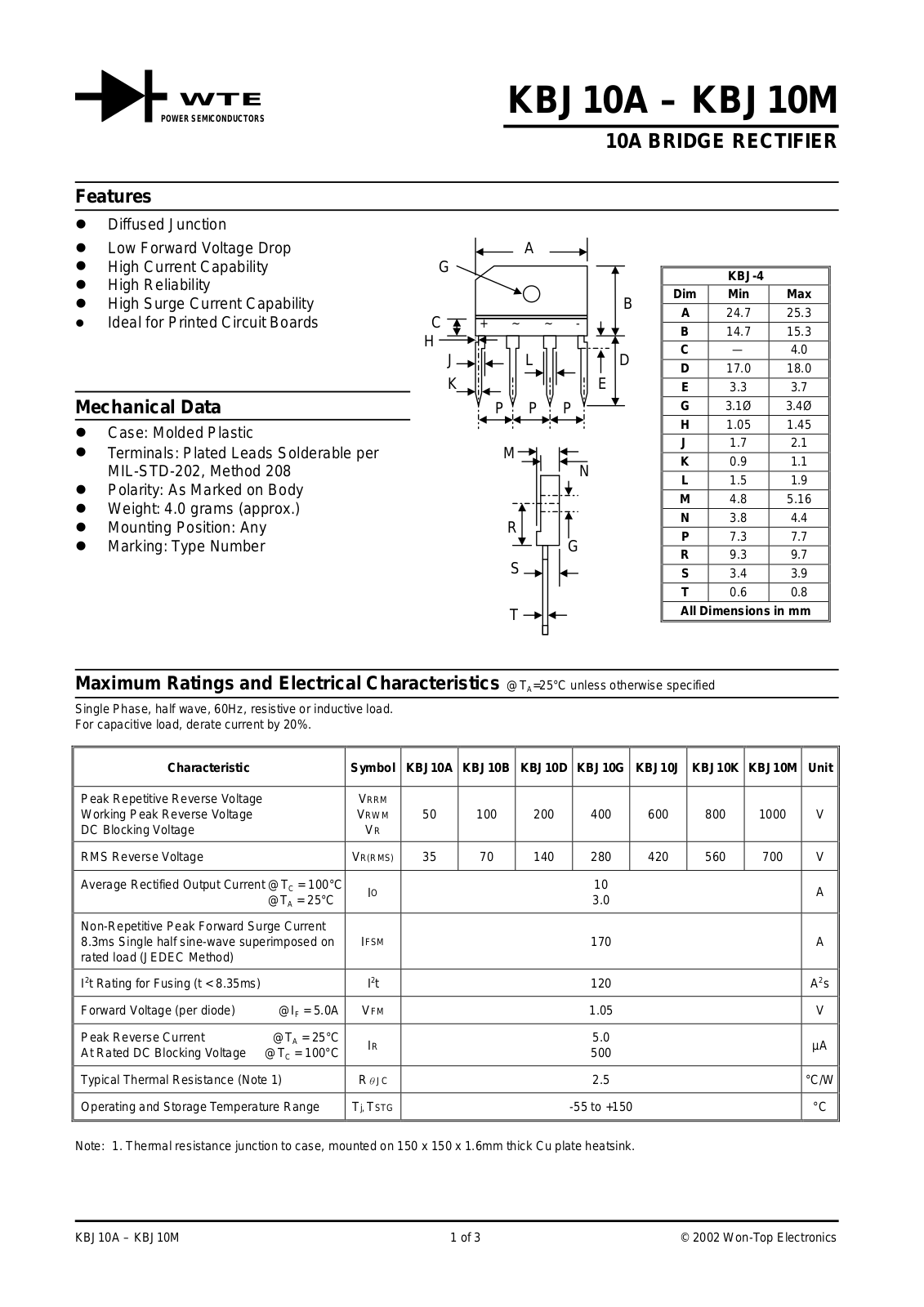 WTE KBJ10B, KBJ10K, KBJ10G, KBJ10D, KBJ10A Datasheet