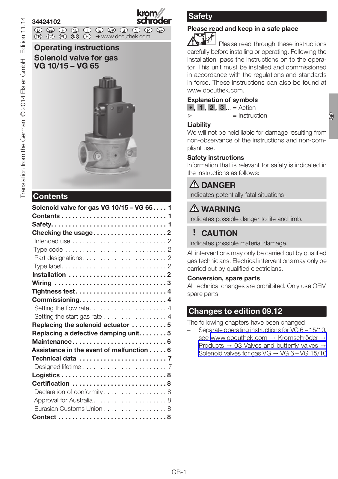 Kromschroder VG 10/15, VG 15, VG 15/12, VG 25, VG 20 Operating Instructions Manual