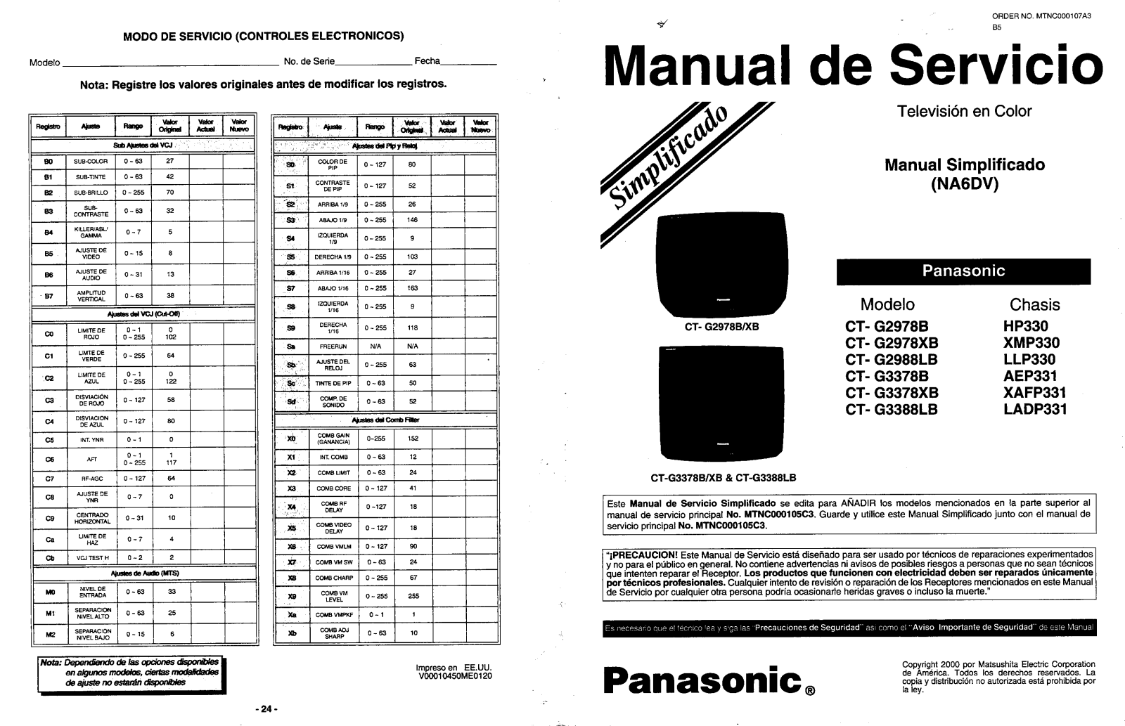 Panasonic CTG2978B, CTG2978XB, CTG2988LB, CTG3378B, CTG3378XB Service Manual