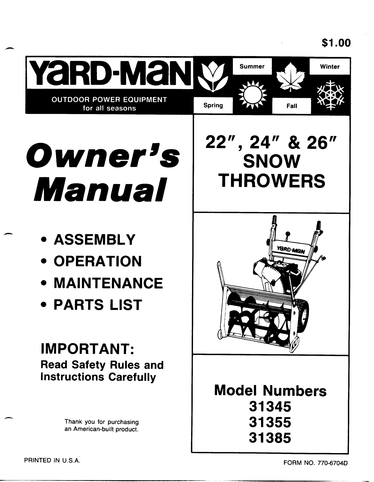 yard-man 310345, 310355, 310385 owners Manual