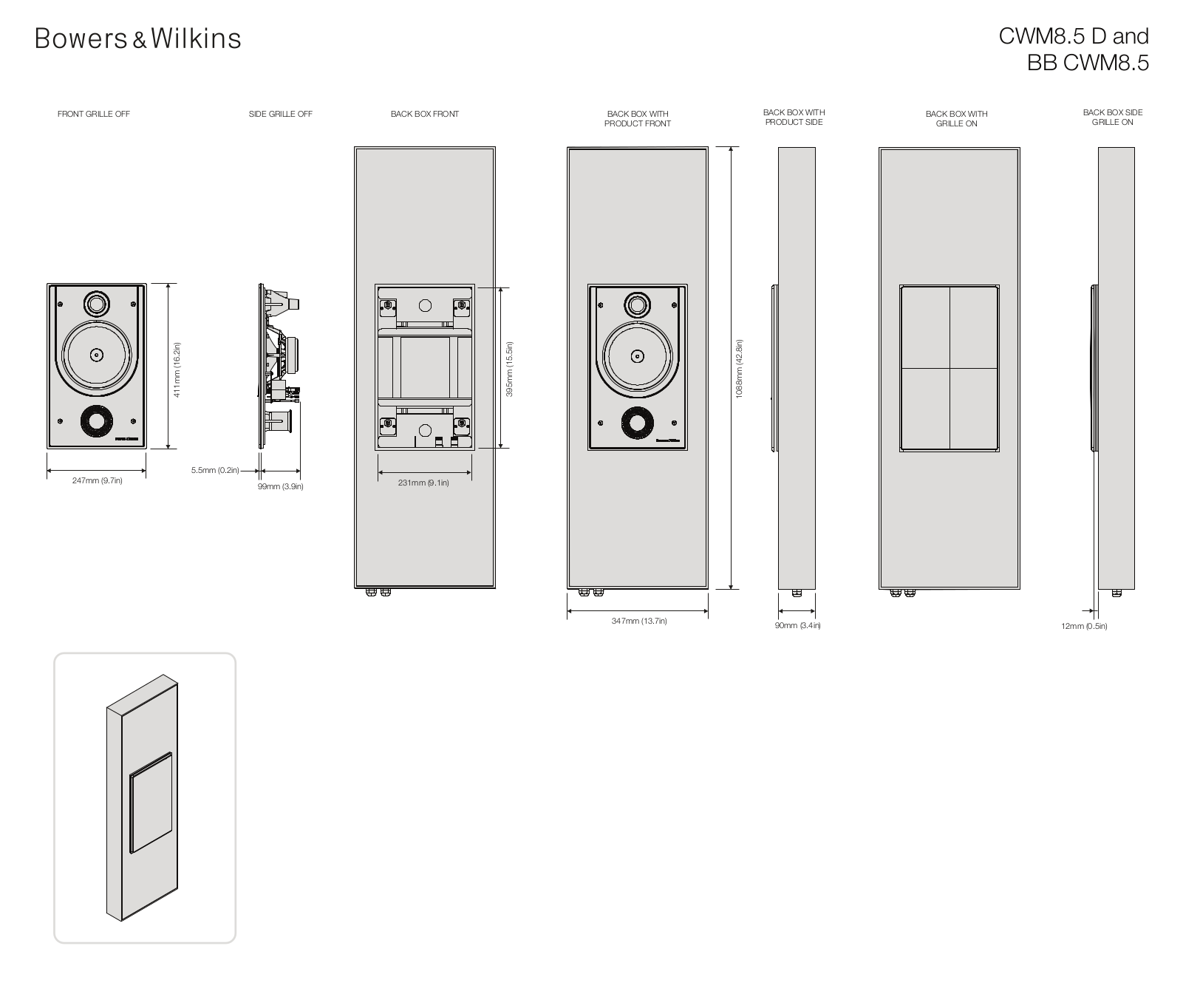 Bowers & Wilkins CWM8.5 D, BB CWM8.5 Dimensions Guide