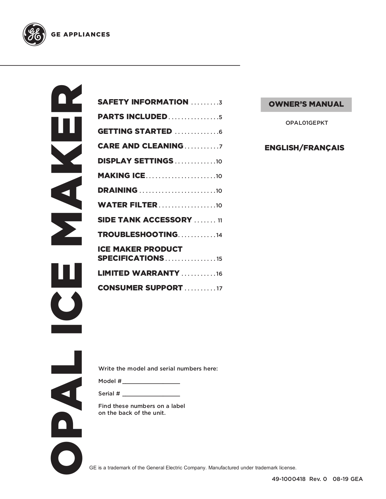 Ge OPAL01GEPKT User Manual