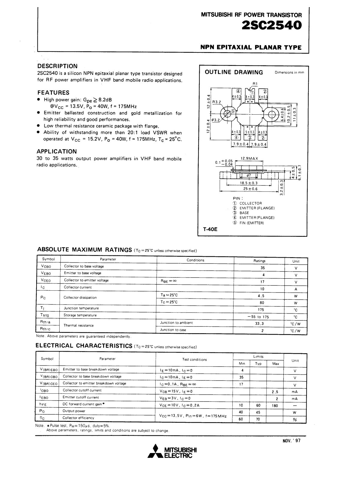 Mitsubishi Electric Corporation Semiconductor Group 2SC2540 Datasheet