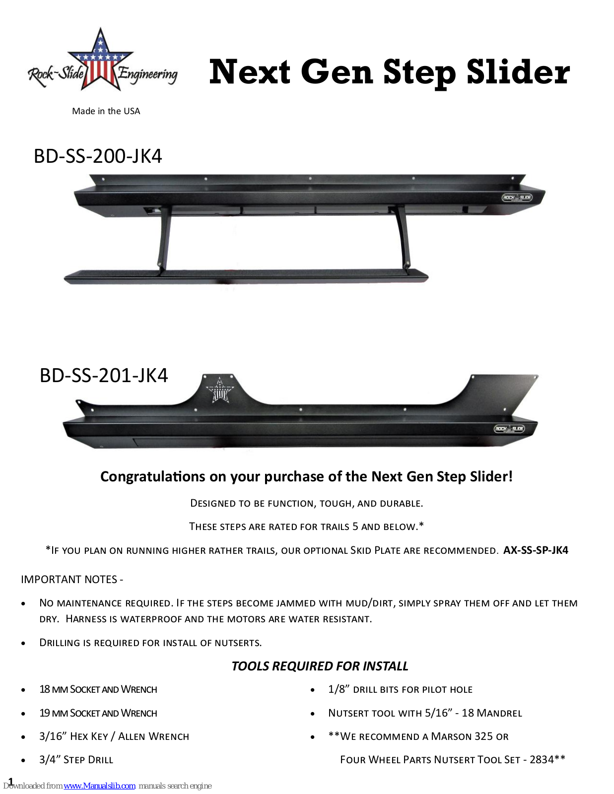 Rock-Slide Engineering BD-SS-200-JK4, BD-SS-201-JK4 Installation Instructions Manual