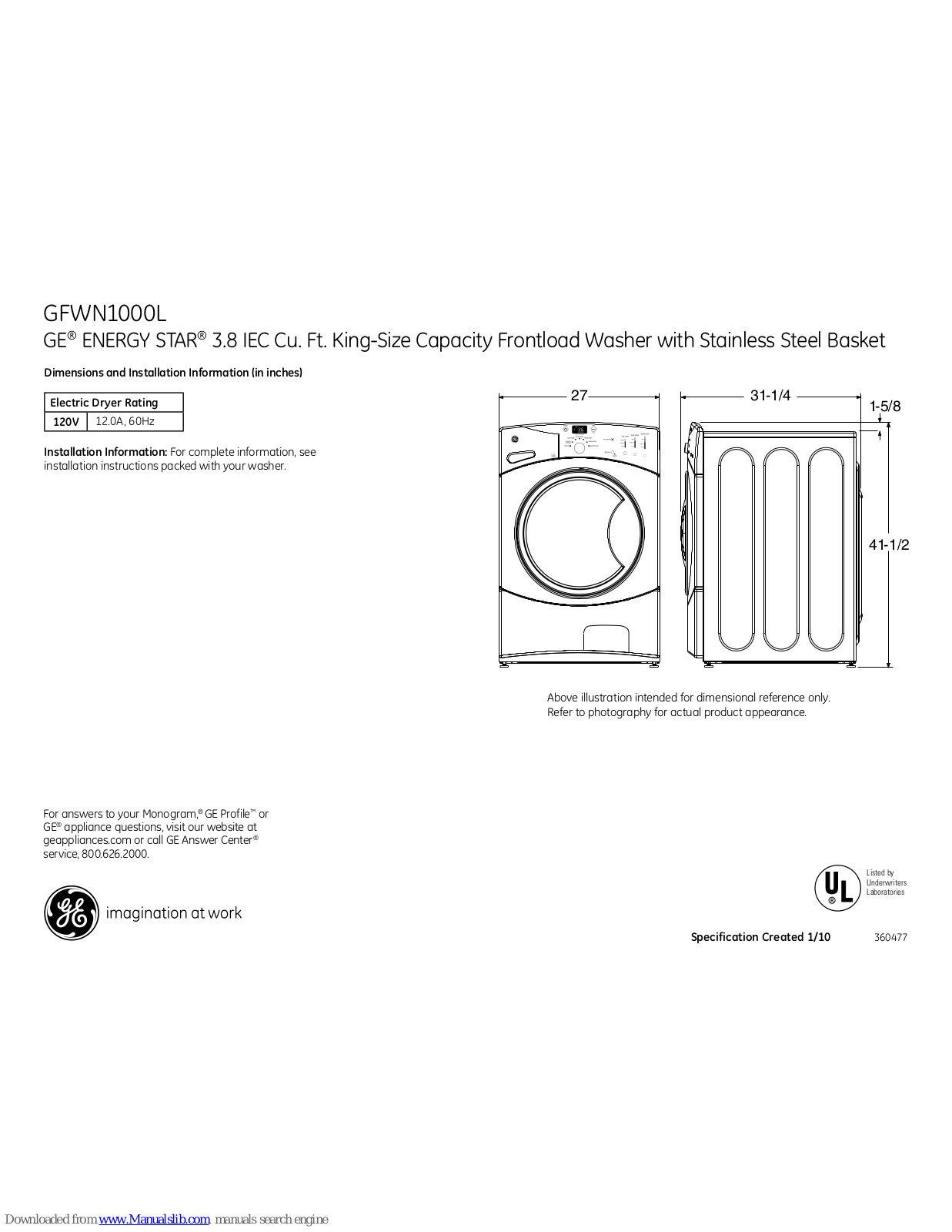 GE GFWN1000LWW Dimensions And Installation Information