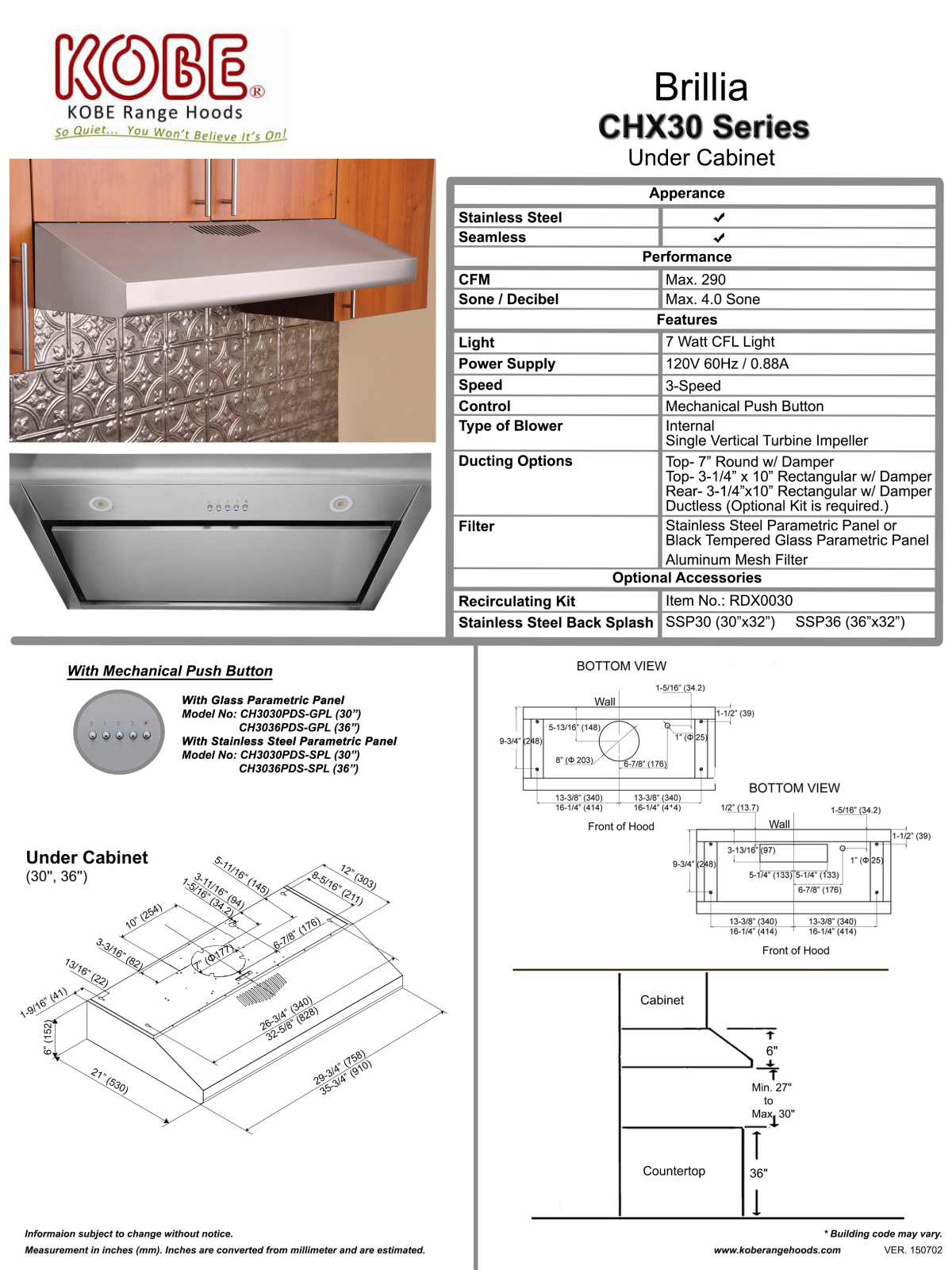 Kobe CHX3036PDSSC Specifications