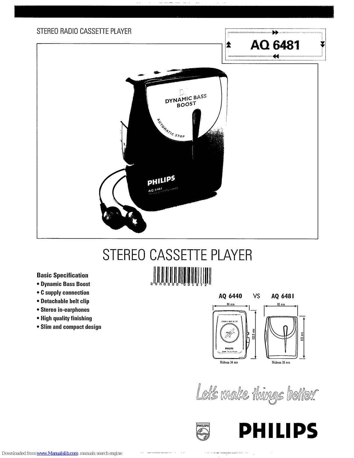 Philips AQ 6481/01P, AQ6481/00, AQ6481/17, AQ 6481 Specification Sheet