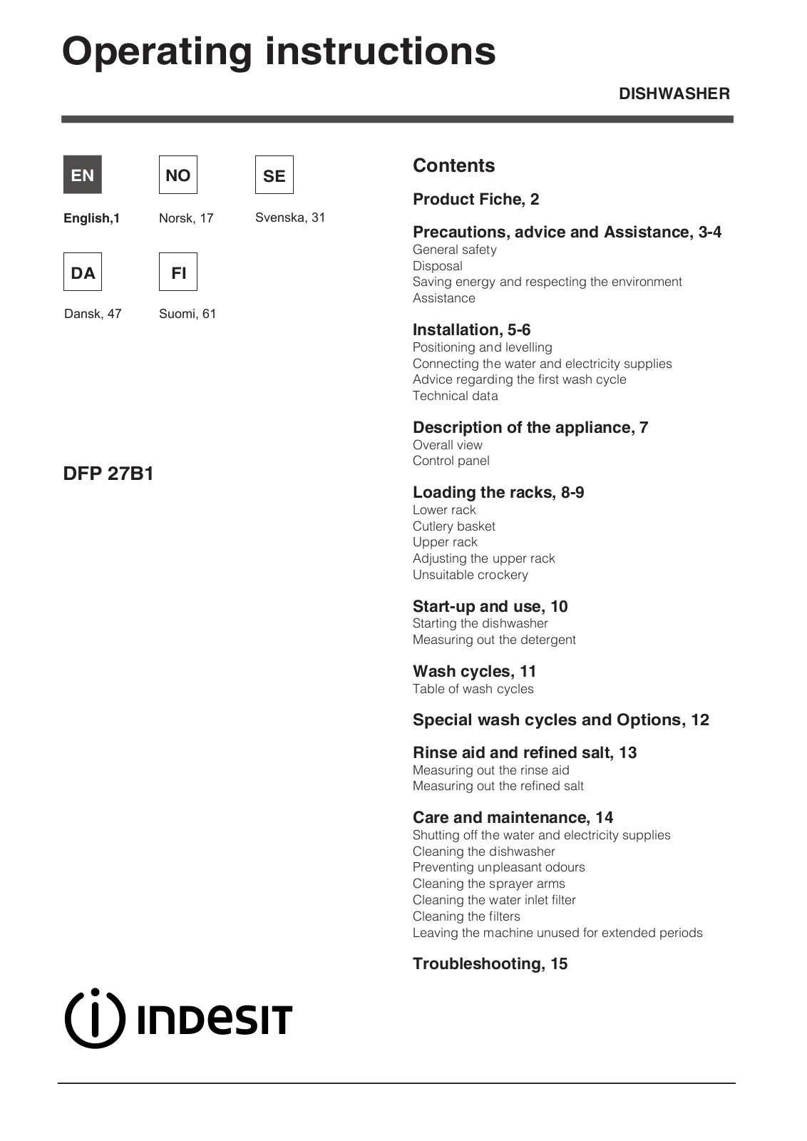 INDESIT DFP 27B1 SK User Manual