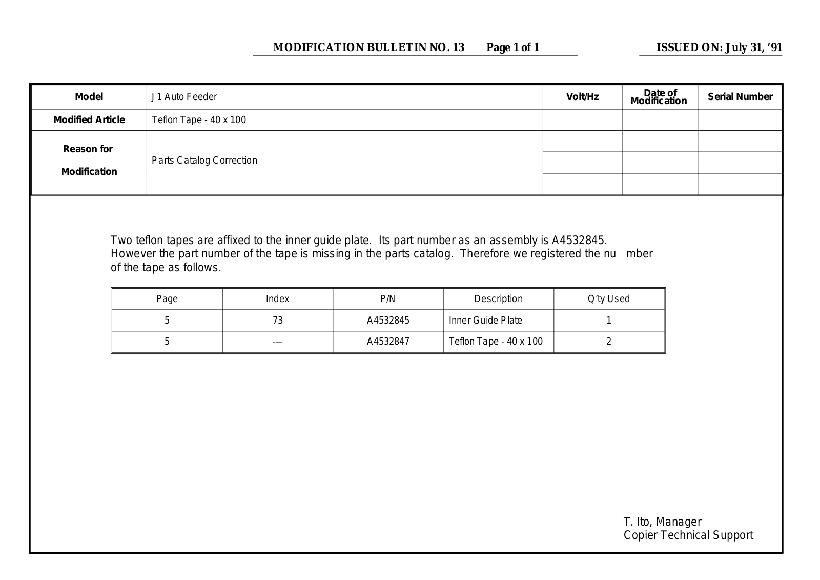 Ricoh SF810 Modification Bulletin