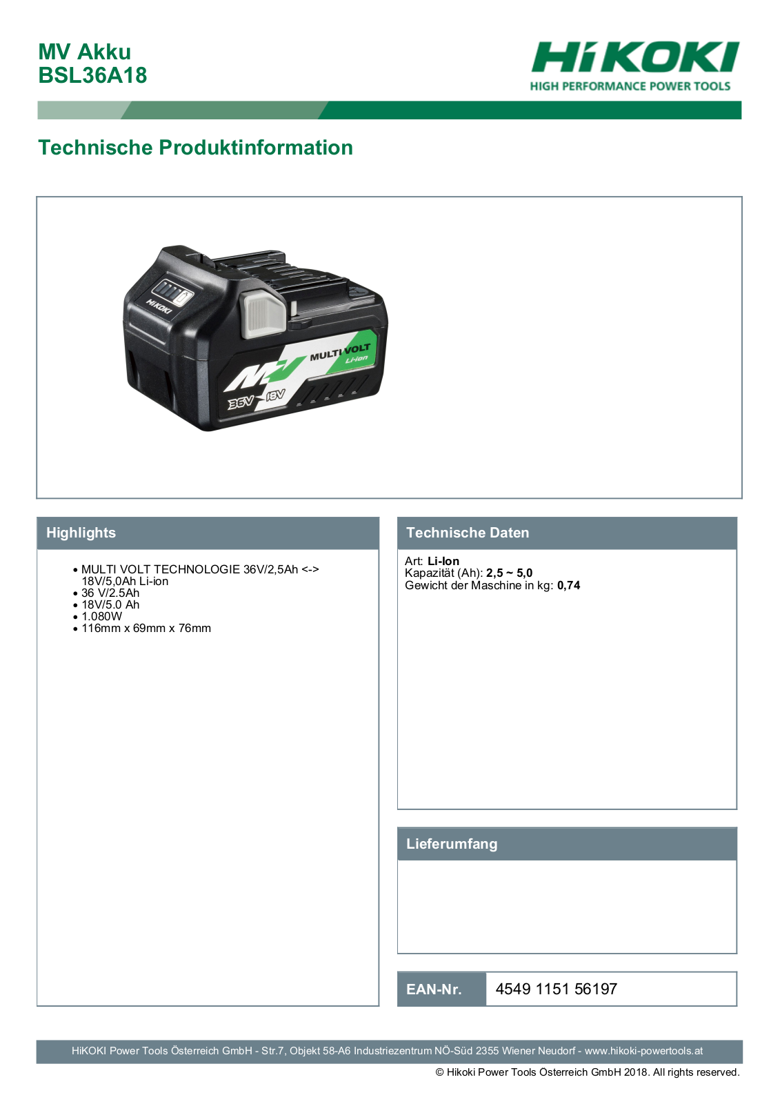 Hikoki BSL36A18 Technical data