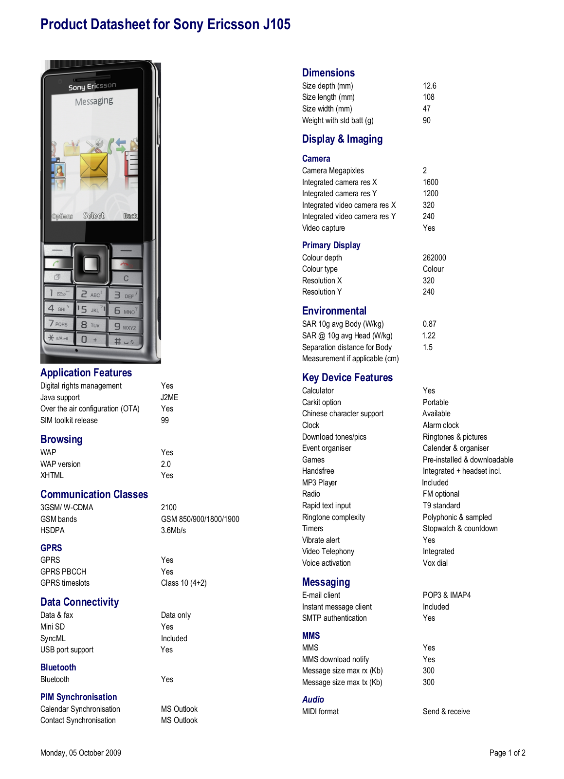 Sony ericsson J105 DATASHEET