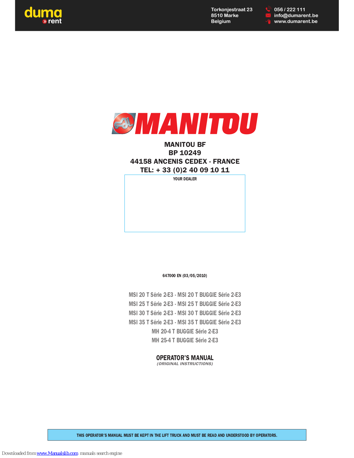 Manitou MSI 20 T Series 2-E3, MSI 20 T BUGGIE Series 2-E3, MSI 25 T Series 2-E3, MSI 30 T BUGGIE Series 2-E3, MSI 35 T Series 2-E3 Operator's Manual