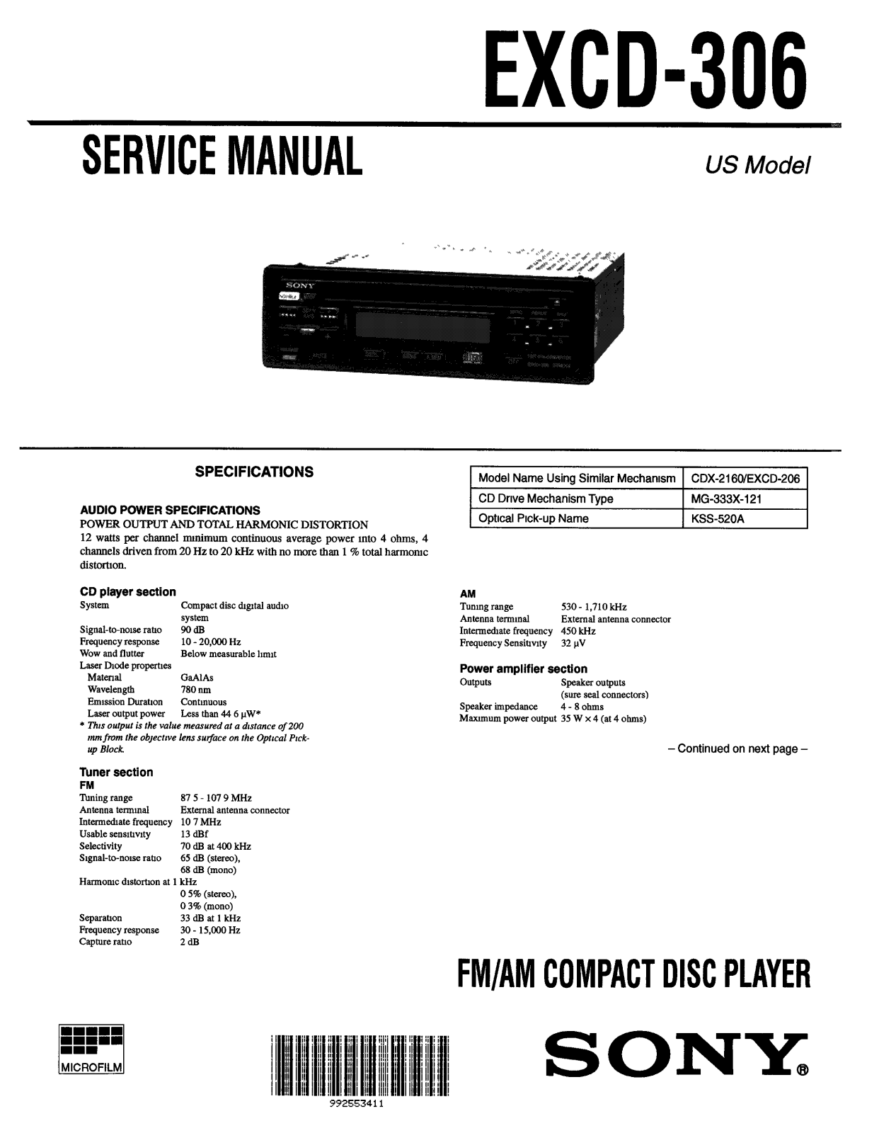 Sony EXCD-306 Service manual