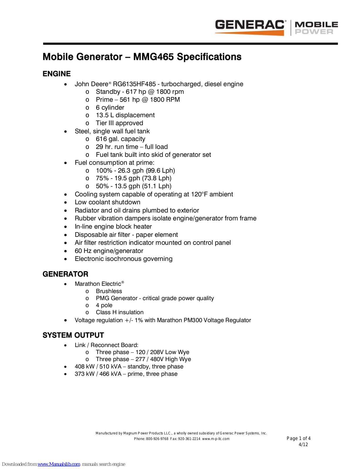 Generac Power Systems Mobile Power MMG465 Specifications