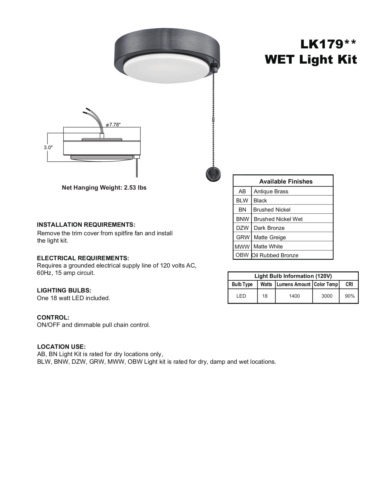 Fanimation KW10107 Specifications - ManualMachine.com