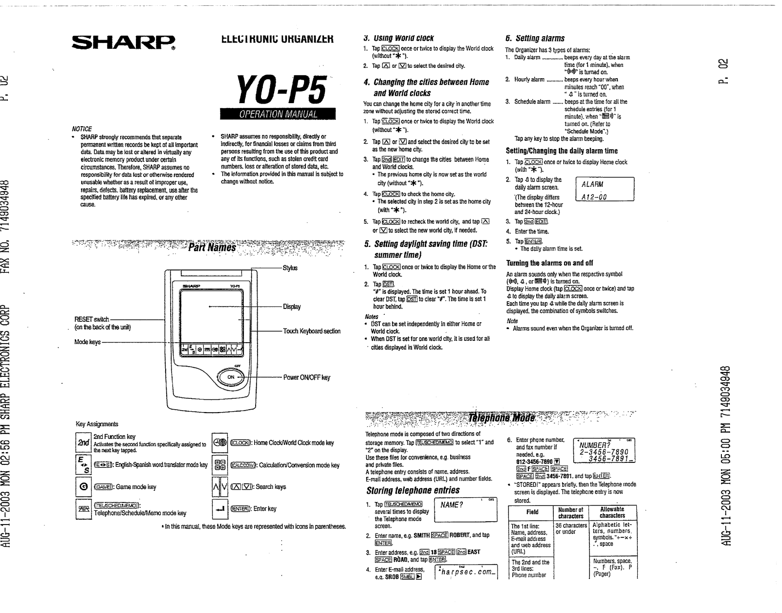 Sharp Y0-P5 User Manual