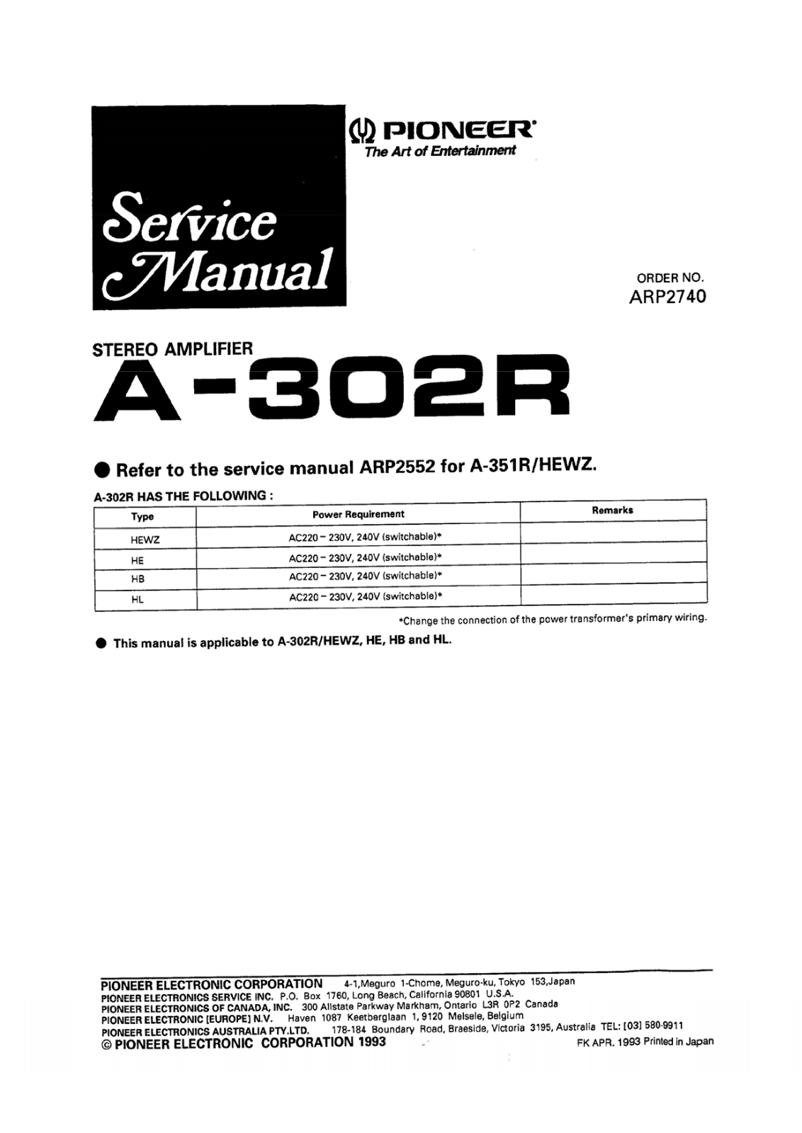 Pioneer A-302R Service Manual