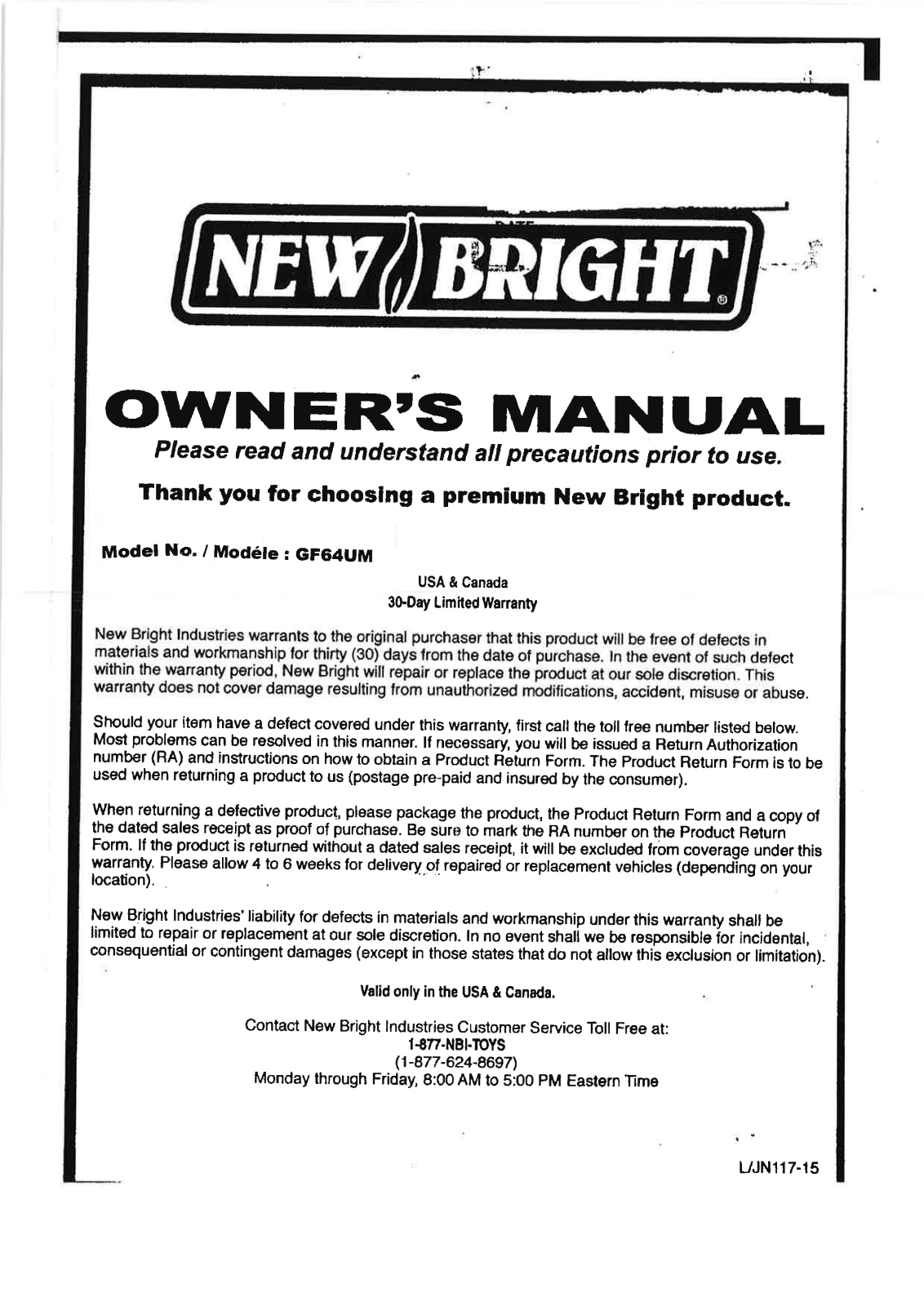 New Bright Co GF64UM User Manual